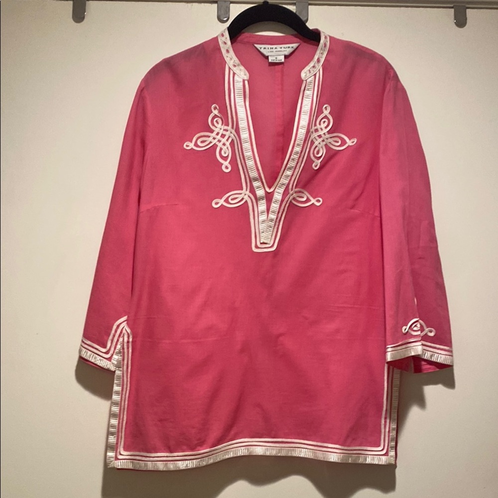 Trina Turk Pink Embroidered V-Neck Tunic